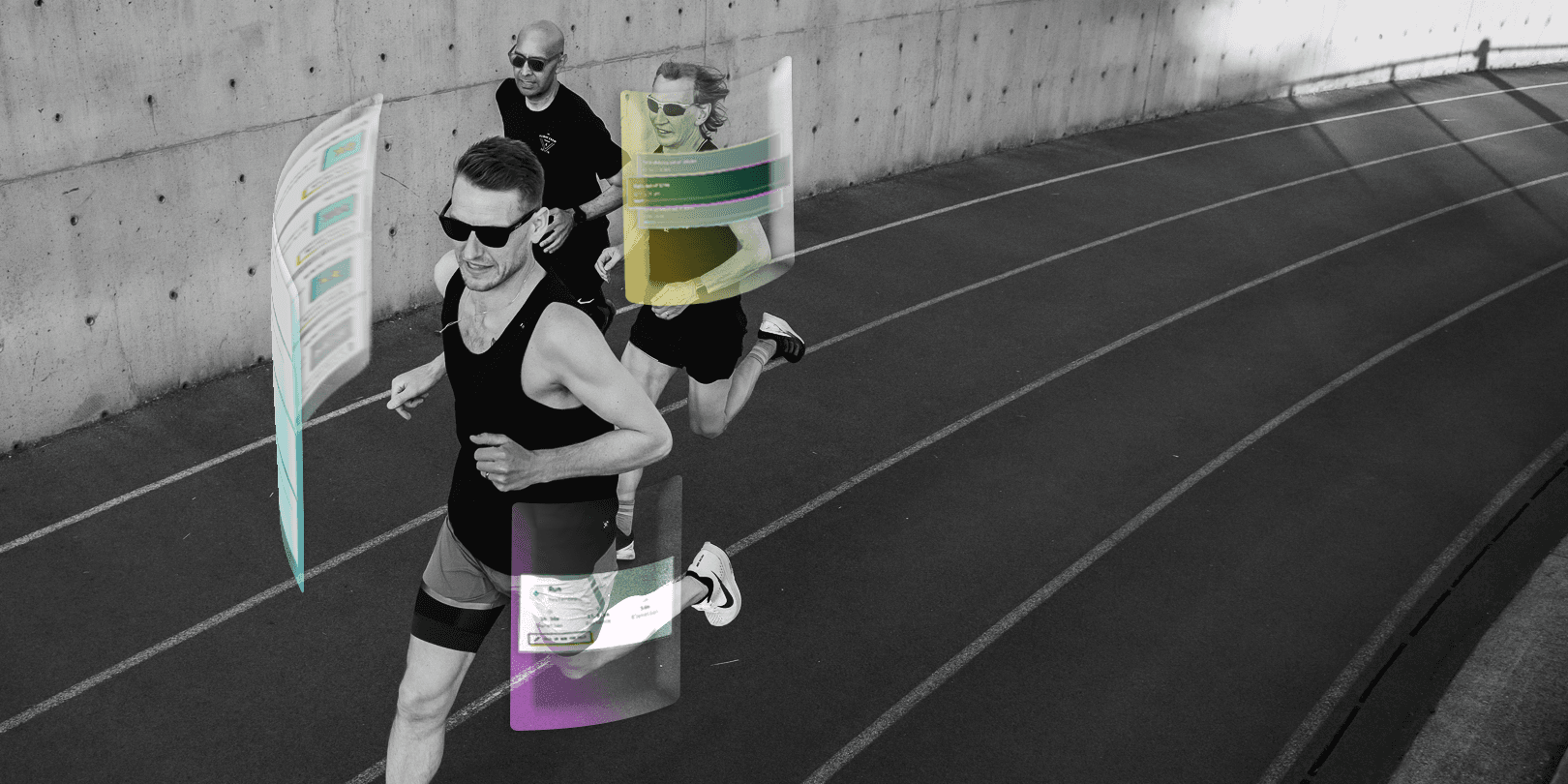 Runners on a track with RunToPlay overlays